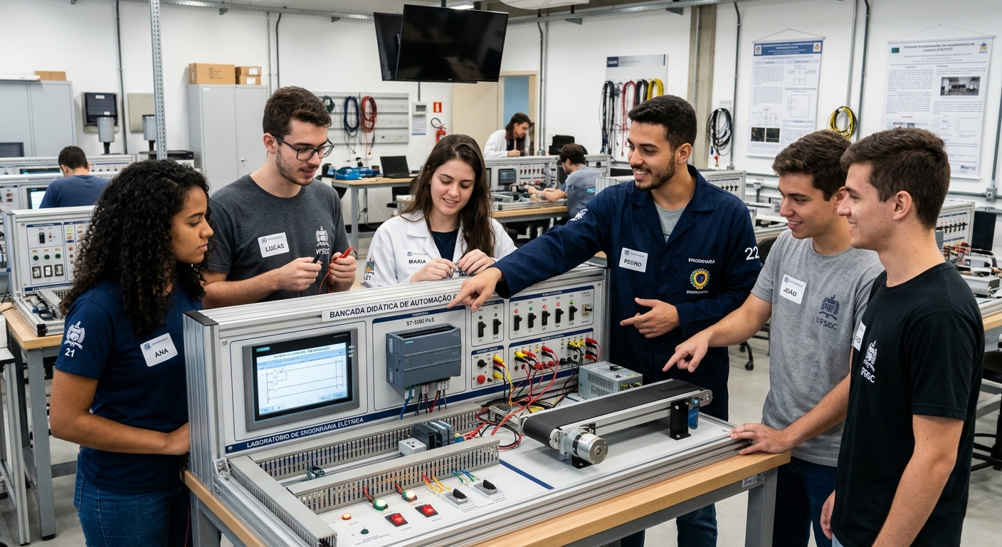 Projetos personalizados de engenharia: alunos em laboratório prático.